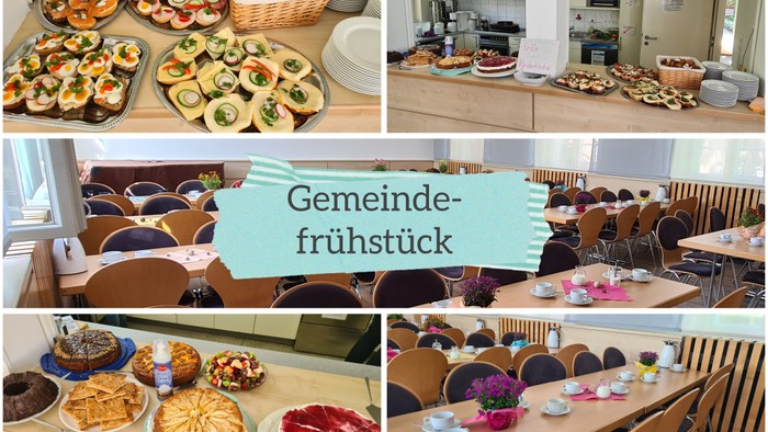 Verschiedene Bilder von einem Gemeindefrühstück mit Essen und Getränken in einer Kirche