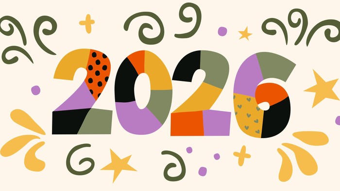 Buntes, verspieltes Grafikdesign für das Jahr 2026 mit dekorativen Ranken, Sternen und Punkten, die die Zahlen umgeben.