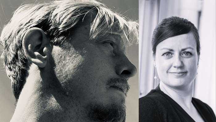 To sorte-hvide portrætter af individer: en skægget mand og en kvinde i professionelt tøj.