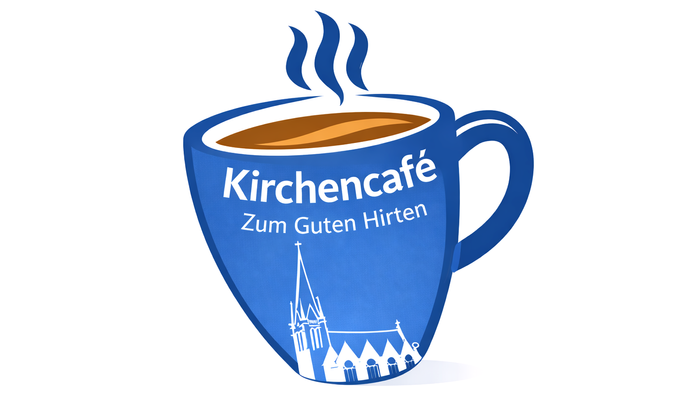 Eine blaue Tasse mit dem Schriftzug "Kirchencafé Zum Guten Hirten" und einer Shilouette der Kirche