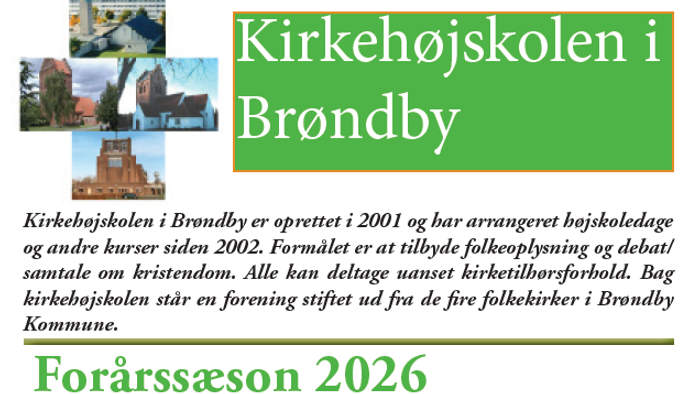 Flyer for Brøndby Kirkehøjskole med annoncering af debatfokuserede universitetsniveau-kurser om kristendom foråret 2026