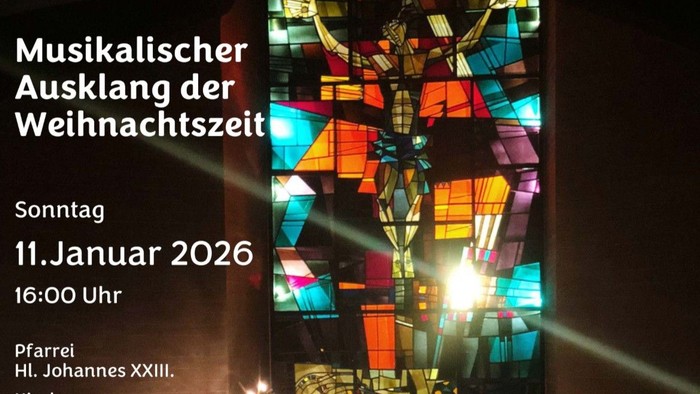 Plakat für das musikalische Weihnachtsfinalevent mit Kirchenchor-Auftritten, Orgelmusik und geschmücktem Weihnachtsbaum.