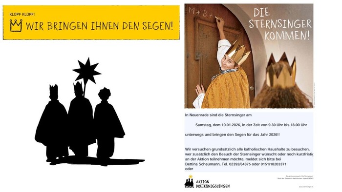 Plakate zur Bewerbung einer Weihnachtsveranstaltung mit den „Sternsingern“, die 2021 Häuser besuchen, um sie zu segnen.