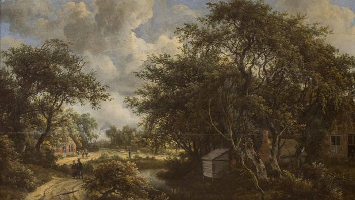 En rolig landskabsscene med en slyngende sti, tætte træer og en dramatisk stormfuld himmel.