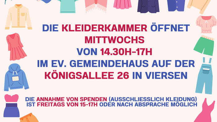 Informationen zu den Öffnungszeiten der Kleiderkammer sowie der Ansprechpartnerin