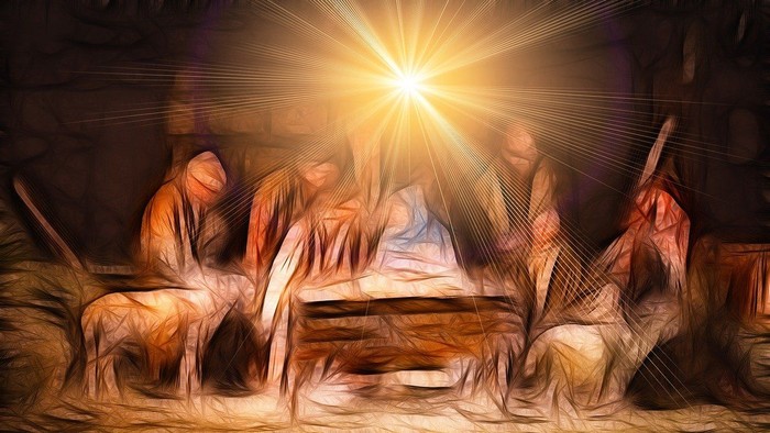 Eine Darstellung der Weihnachtsgeschichte mit Maria, Josef und dem neugeborenen Jesus in einem Stall.