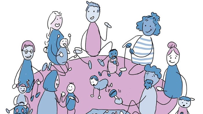 Ein lebhaftes Familientreffen mit Erwachsenen und Kindern, die in einer gemütlichen Wohnatmosphäre spielerisch miteinander interagieren.