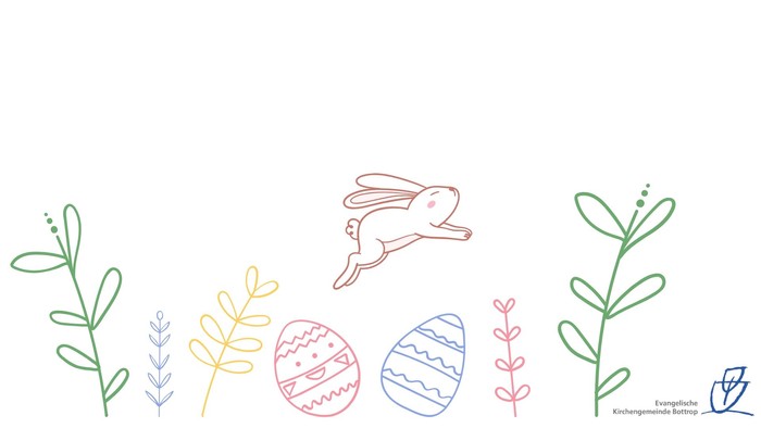 Bunte Osterillustrationen mit verzierten Eiern, einem Hasen und Frühlingslaub.