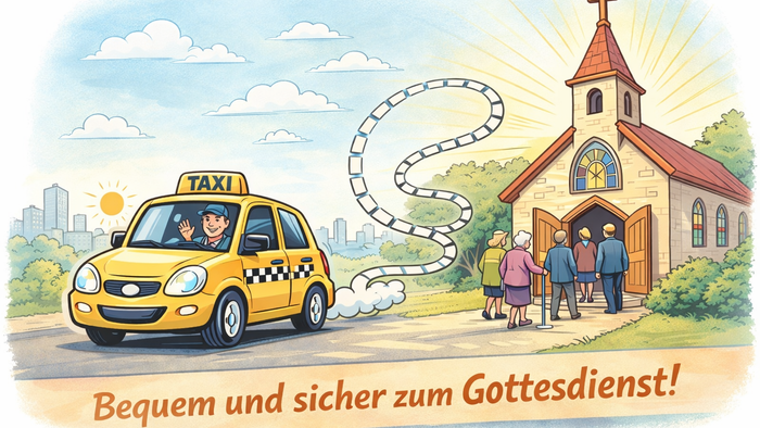 Das Bild zeigt ein Taxi und eine Kirche im Comic-Stil. Unten steht: Bequem und sicher zum Gottesdienst.