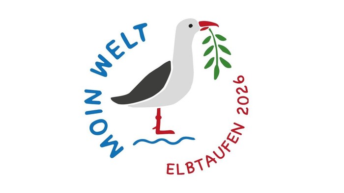 Logo mit einem stilisierten Vogel, der einen grünen Zweig hält und die „Elbtaufen 2026“ mit dem Schriftzug „Moin Welt“ feiert.