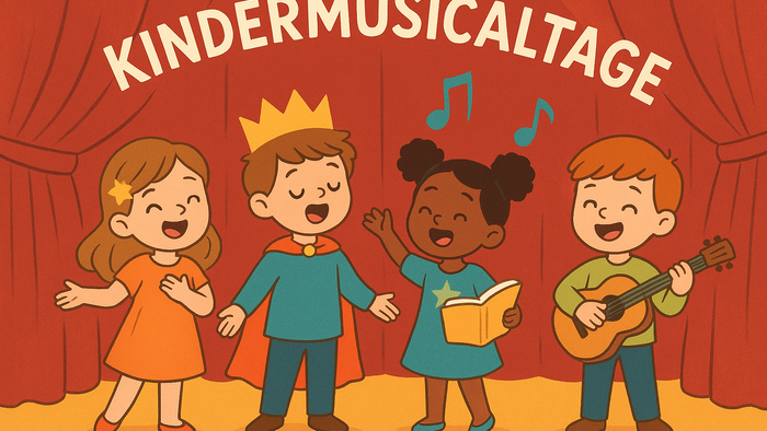 Auf der Illustration sind vier fröhliche Kinder auf einer Bühne zu sehen. Über ihnen steht in großen Buchstaben „KINDERMUSICALTAGE“. Die Bühne ist von roten Vorhängen eingerahmt, was an ein Theater erinnert.

Die Kinder stehen nebeneinander und wirken, al