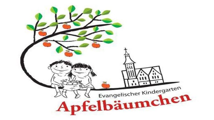 Das Logo zeigt einen Baum mit Kindern und einem Gebäude, beschriftet mit "Evangelischer Kindergarten Apfelbäumenchen".