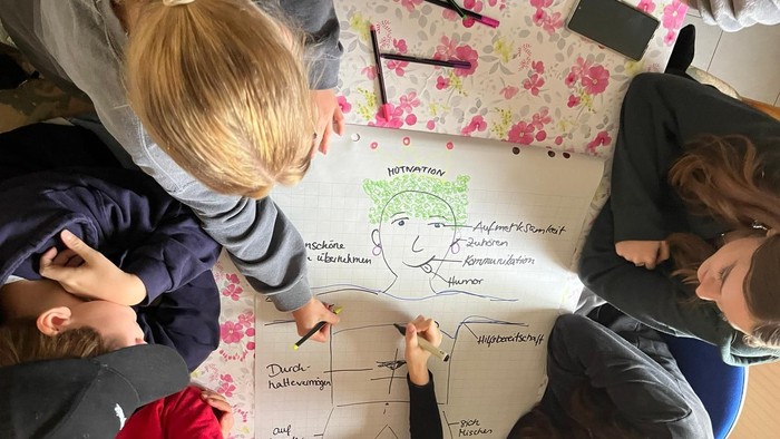 Studierende versammelten sich um einen Tisch und zeichneten oder schrieben auf ein großes Blatt Papier.