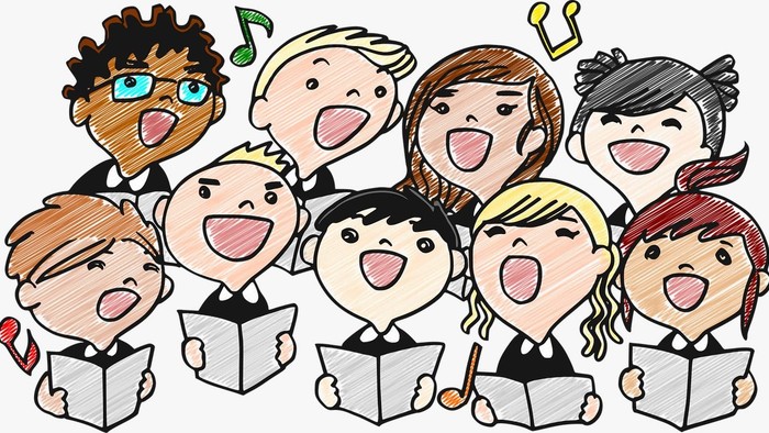 Eine Gruppe von Kindern singt aus Notenbüchern