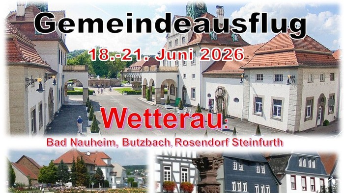 Plakat zur Bewerbung einer Gemeinschaftsreise in die Städte der Wetterau in Deutschland vom 18. bis 21. Juni 2026 mit malerischen Dorfansichten.