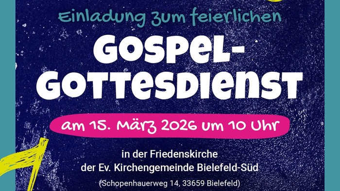 Einladungsplakat für einen Gospel-Gottesdienst mit Chor und offener Gospel-Singveranstaltung am 15. März 2026.