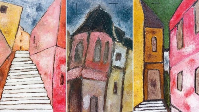 Drei farbenfrohe, abstrakte Gemälde von Gebäuden und Treppen.