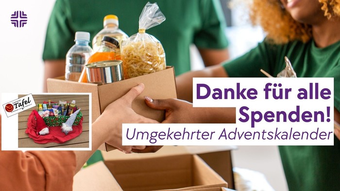Menschen, die einen umgekehrten Adventskalender mit gespendeten Artikeln packen und Dankbarkeit für alle Beiträge ausdrücken.