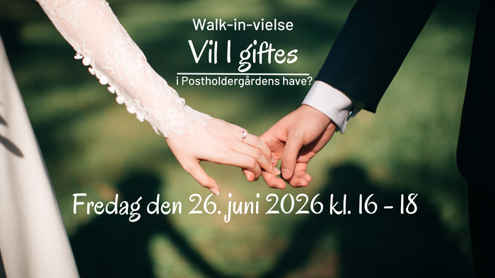 Et par holder hånd på bryllupsdagen den 26. juni 2026 kl. 16 - 18.