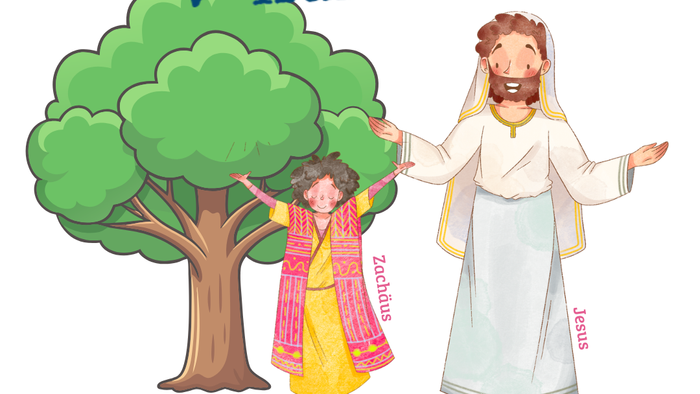 Buntes Kirchenplakat für einen lebendigen Familiengottesdienst mit Jesus, einem Kind und einem Baum am 25. Januar 2026.