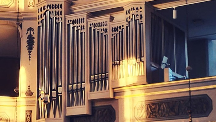 Elegante Pfeifenorgel mit kunstvoller Holzverarbeitung und beleuchteten Pfeifen in einem prächtigen Konzertsaal.