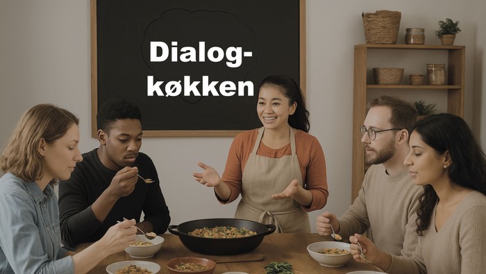 En gruppe af venner spiser sammen og har en dialog.