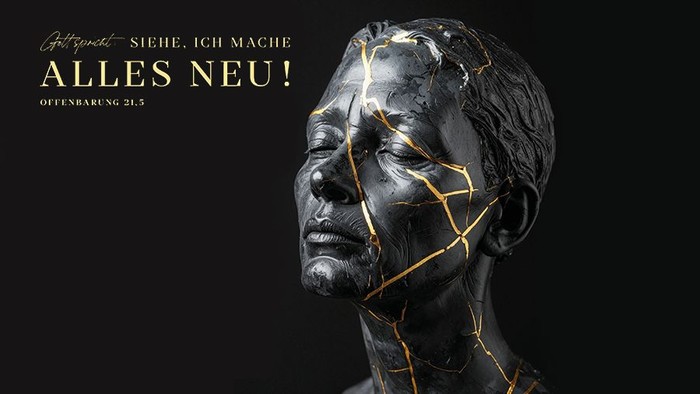 Schwarze Frauenbüste mit goldenen Kitt-Narben. Schriftzug 