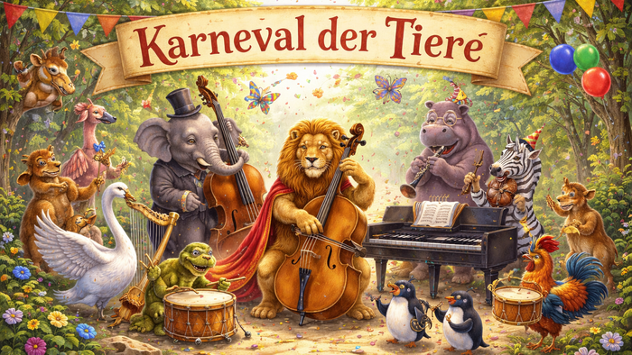 Ein lebhaftes Tierorchester feiert den „Karneval der Tiere“ mit verschiedenen Instrumenten in einer festlichen Waldszene.
