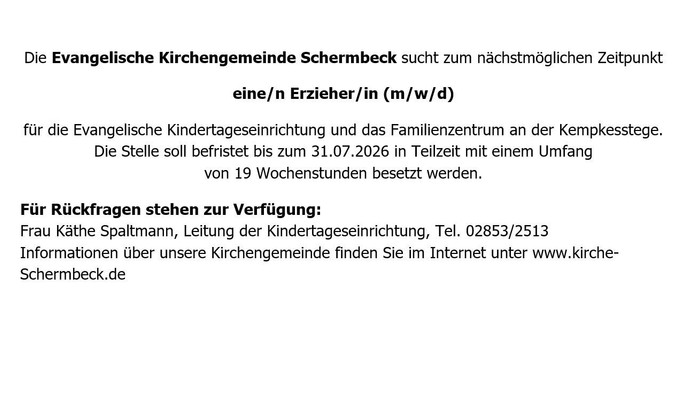 Stellenausschreibung eine/r Erzieher/in für die KiTa Kempkesstege im Januar 2026