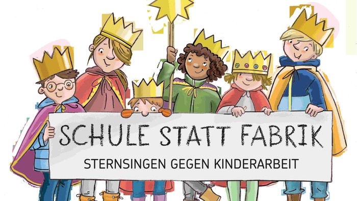 Kinder, verkleidet als Könige, halten ein Banner mit der Aufschrift *„Schule Statt Fabrik“* (Schule statt Fabrik).