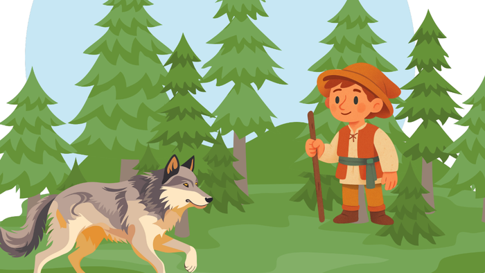 Wald, ein Mann, ein Wolf