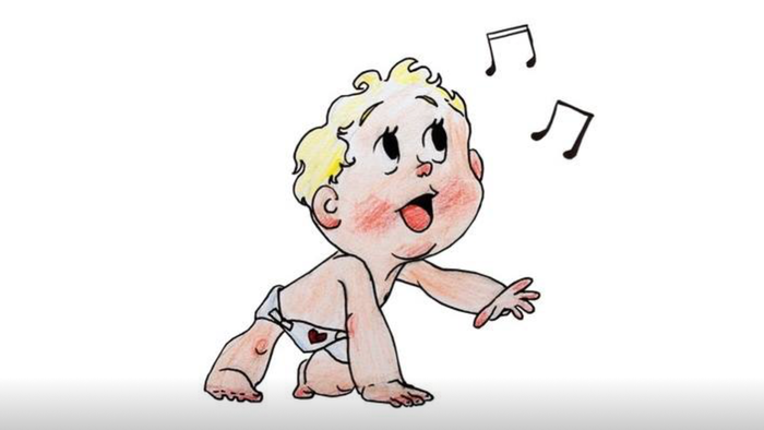 En tegneseriebaby, der kravler mens den synger, med noder svævende over hovedet.