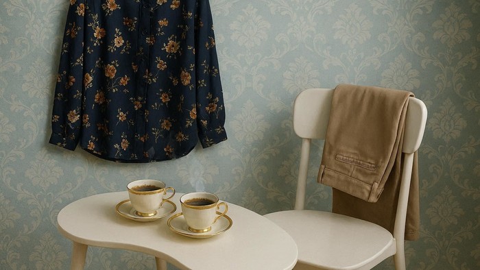 Elegante Vintage-Atmosphäre mit blumiger Tapete, weißem Tisch, Teetassen und einem gerafften Rock neben einem Stuhl.