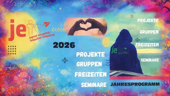 Die Grafik zeigt ein modernes, jugendnahes Jahresprogramm im 16:9-Format mit fließenden Farbverläufen, Streetart-Elementen und einem nachdenklichen Jugendlichen als Symbol für Gemeinschaft, Vielfalt und Orientierung