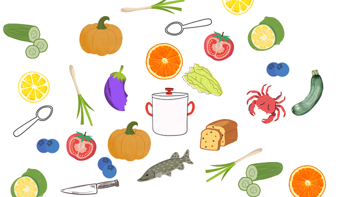 Illustrierte Sammlung verschiedener Früchte, Gemüse, Küchenutensilien und Meeresfrüchte im Zusammenhang mit den kulinarischen Traditionen Brandenburgs.
