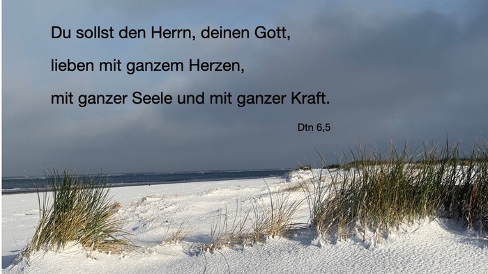 Verschneite Strandszene mit Seegras und Meer im Hintergrund, mit einem biblischen Zitat auf Deutsch.