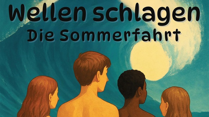 Grafische Darstellung von vier Jugendlichen die mit dem Rücken zum Betrachter stehen und auf eine Welle blicken