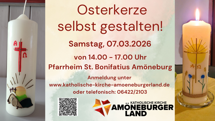 Osterworkshop-Werbung: Kerzen verzieren bei einer Pfarrveranstaltung am 7. März 2026.