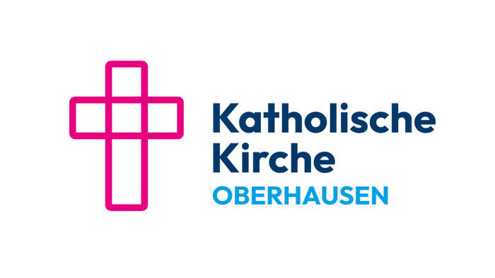 Logo für die Katholische Kirche Oberhausen mit einem Kreuz und dem Namen der Kirche auf Deutsch.