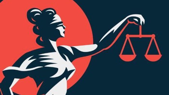 Symbolische Darstellung der Justitia mit Waage, die Gerechtigkeit und Unparteilichkeit im Recht verkörpert.