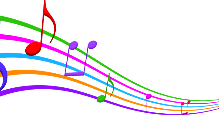 Colorful musical notes and treble clefs on black background