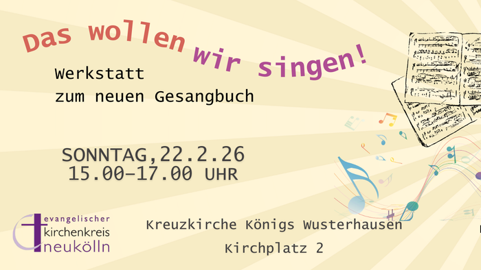 Ein geöffneter Mund, aus dem Noten strömen und 2 Liedblätter illustrieren die Einladung