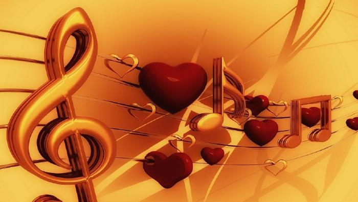 Et levende grafisk motiv med noder, hjerter og ordet *