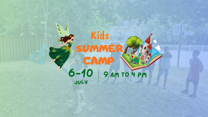A colorful poster advertising a magical kids' summer camp from July 6-10, 9 AM to 4 PM.