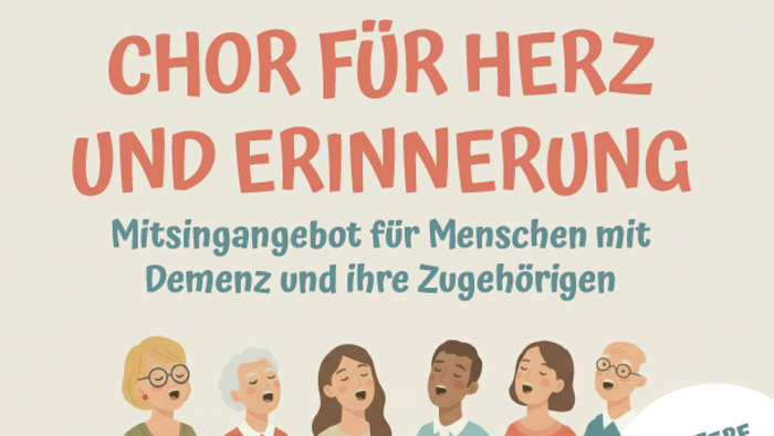 Plakat für den Demenzchor mit Titel, gemalten singenden Menschen unterschiedlichen Alters und den Daten und Informationen der Veranstaltung