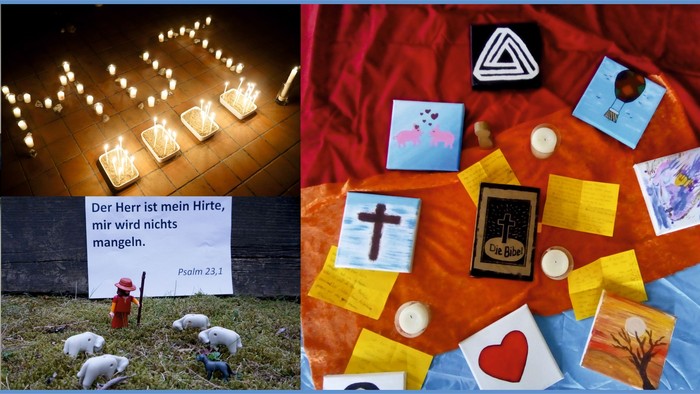 Buntes Kreuz aus Holz, Kerzen und Botschaften, Bastelarbeiten mit religiösen Motiven