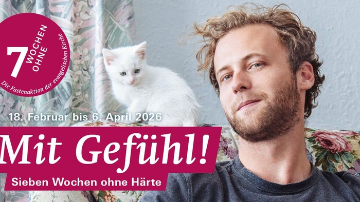 Werbekampagne für „Sieben Wochen ohne Grausamkeit“ mit einem Mann und einer Katze, vom 18. Februar bis 6. April 2026.