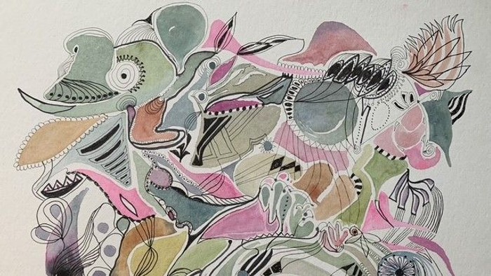 Overraskende, levende akvarelillustration af fantasifulde, abstrakte dyre- og væsenformer, der flettes sammen i en drømmelignende scene.