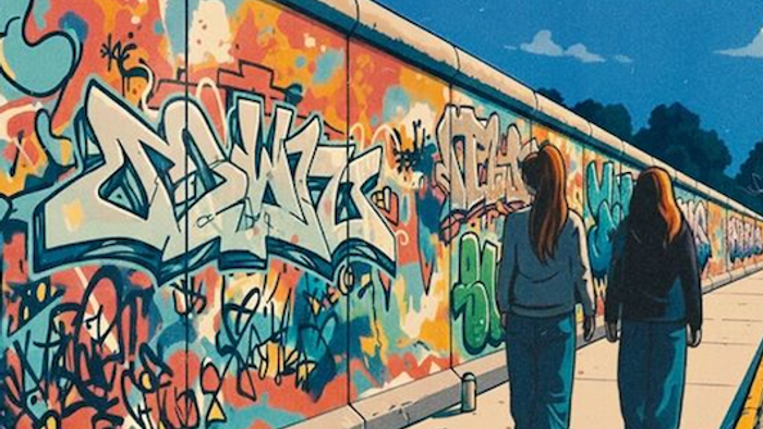 Zwei Personen gehen an einer lebendigen, farbenfrohen Graffiti-Wand vorbei unter einem strahlend blauen Himmel.