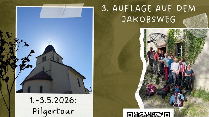 Plakat zur Bewerbung einer Pilgerreise auf dem Jakobsweg im Jahr 2026 mit Anmeldeinformationen und QR-Code für die Formulare.